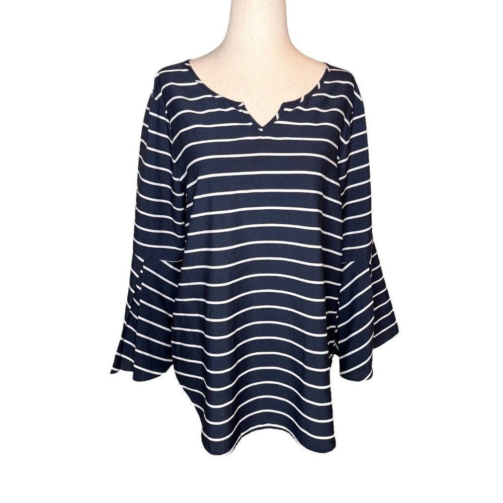 Van Heusen Shirt Womens M Black White Striped Flared Long Sleeve Stretch Blouse